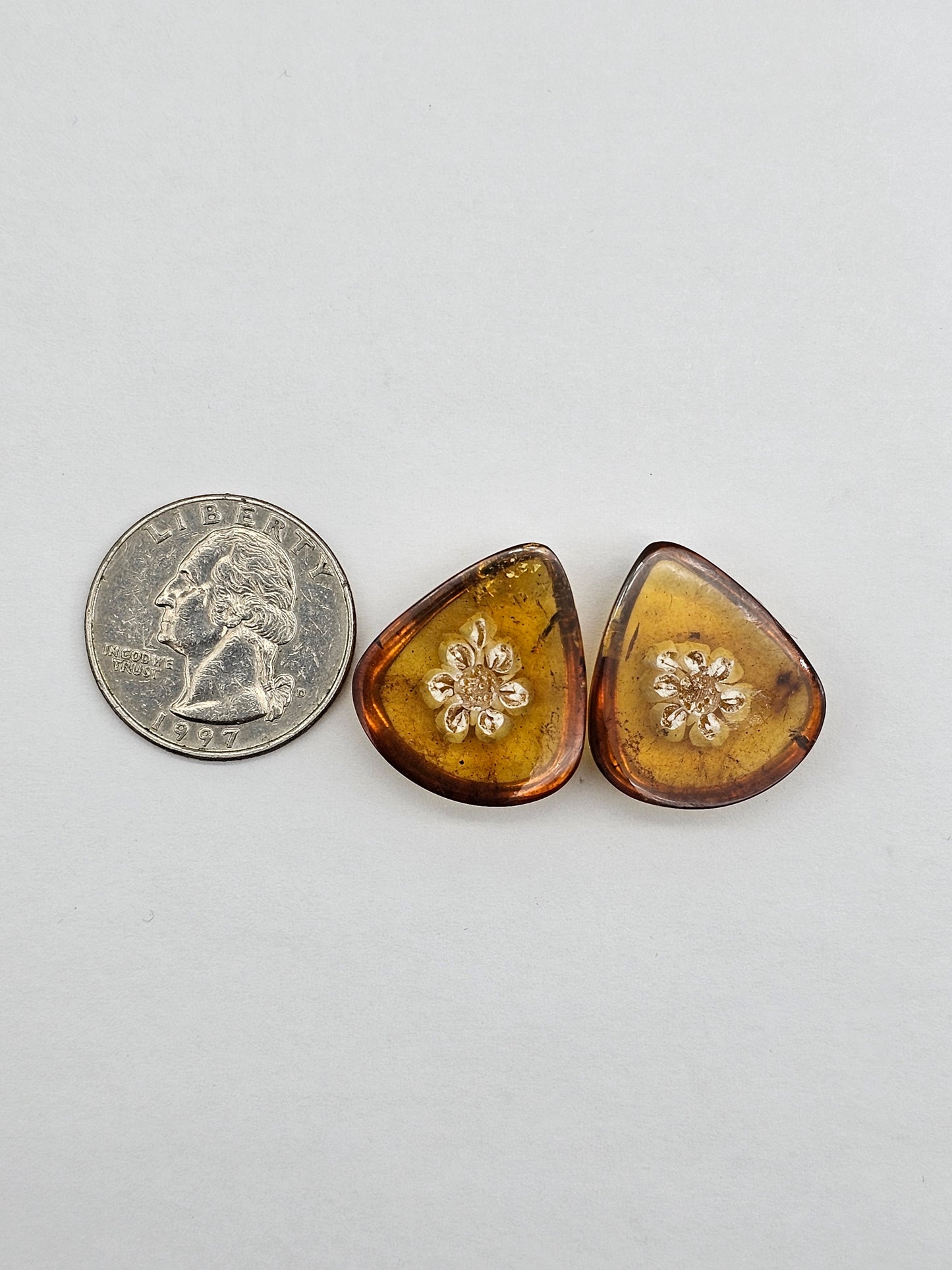 Amber authentic intaglio cabochon pair large