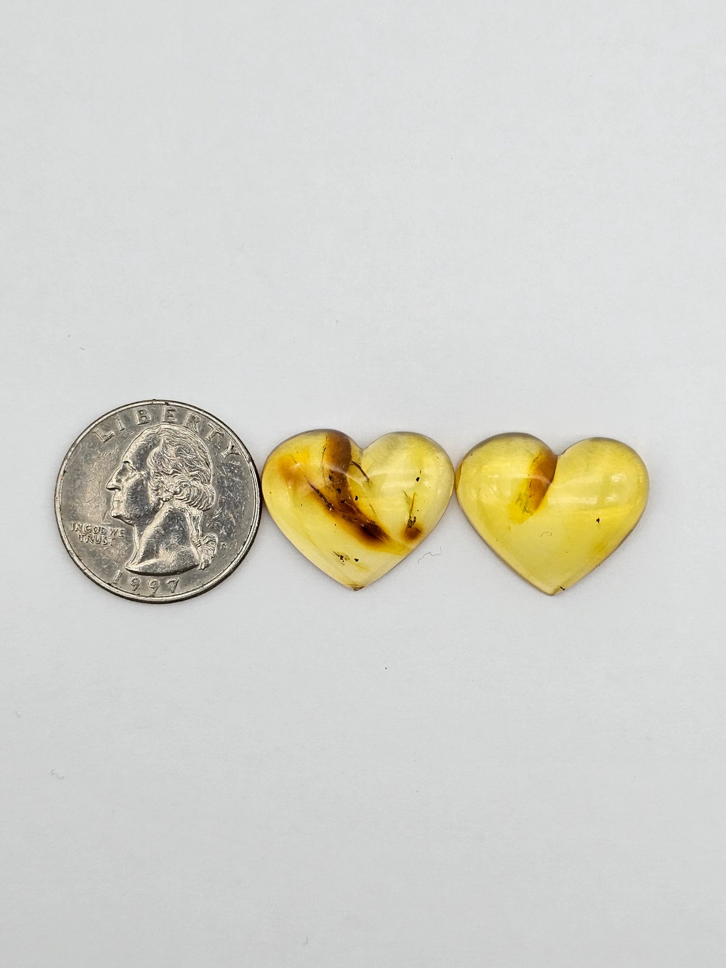 Amber authentic heart cabochon pair large