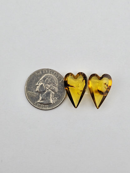 Amber authentic heart cabochon pair large