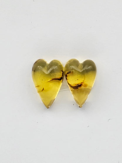 Amber authentic heart cabochon pair large
