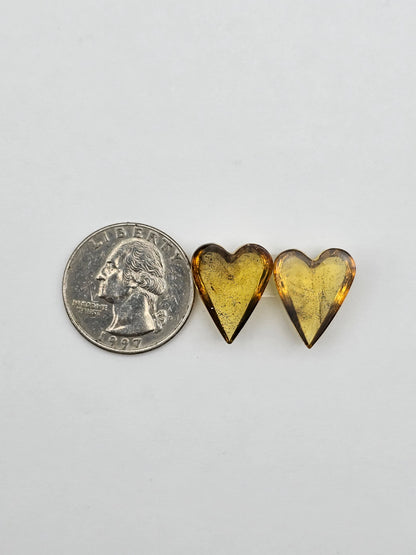 Amber authentic heart cabochon pair large