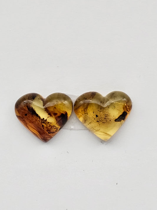 Amber authentic heart cabochon pair large