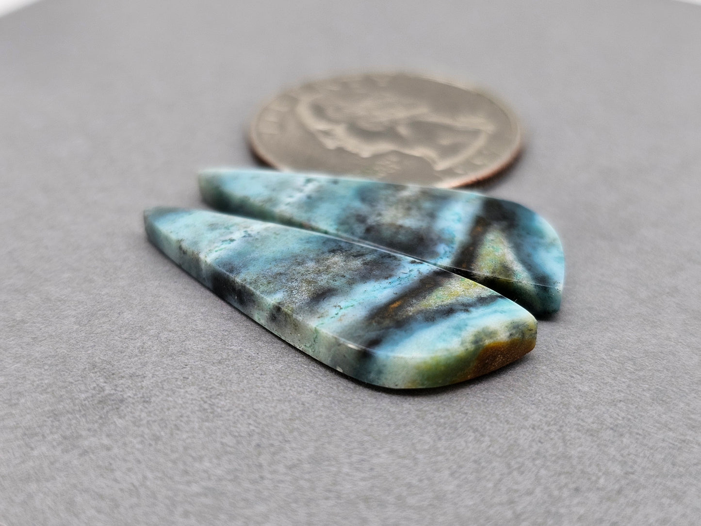 Blue opalized petrified wood Cabochon Pair