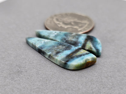 Blue opalized petrified wood Cabochon Pair