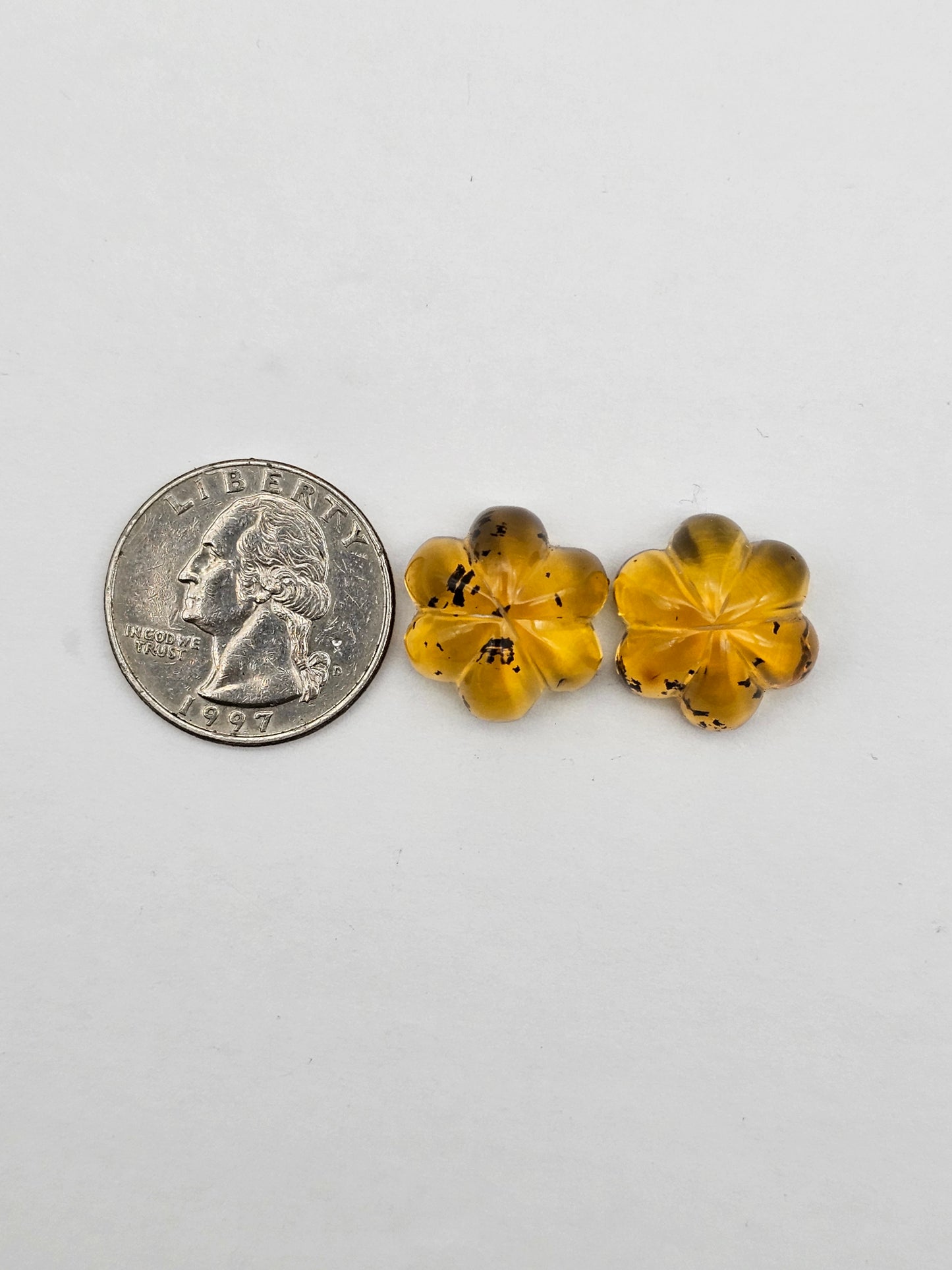 Amber authentic flower cabochon pair large