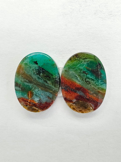 Blue Opal Petrified Wood Cabochon Pair
