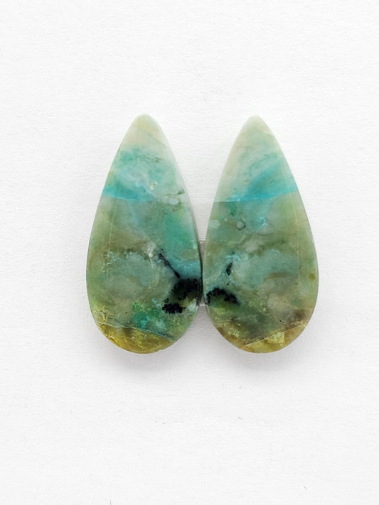 Blue Opal Petrified Wood Cabochon Pair