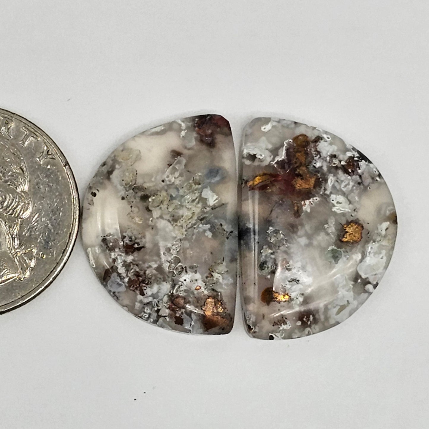Chalcedony with Native Copper Cabochon Pair