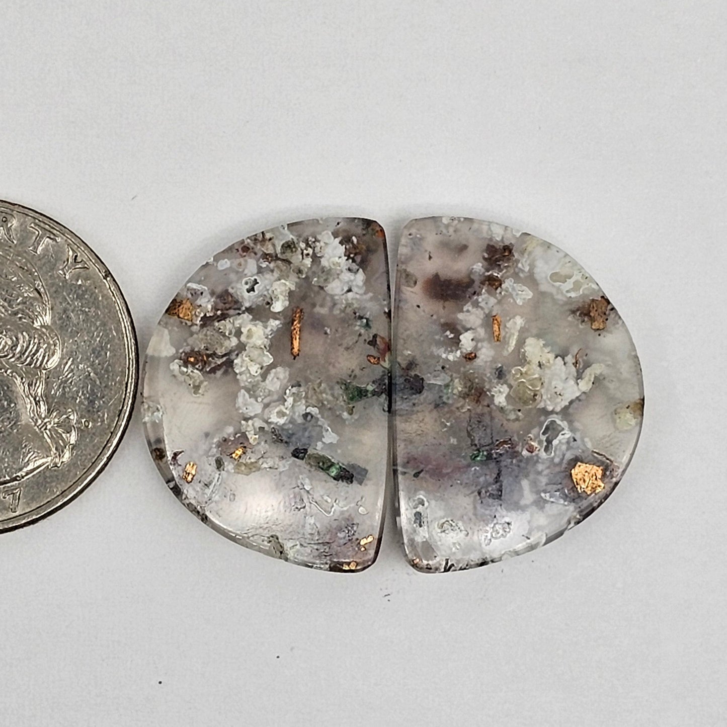 Chalcedony with Native Copper Cabochon Pair