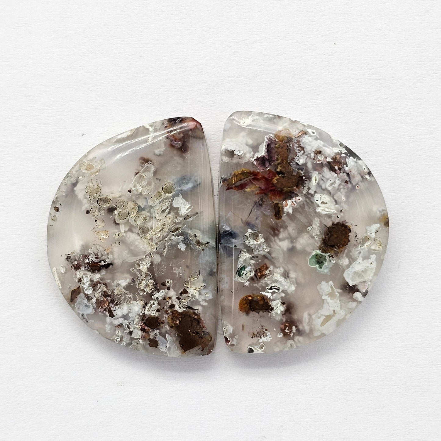 Chalcedony with Native Copper Cabochon Pair