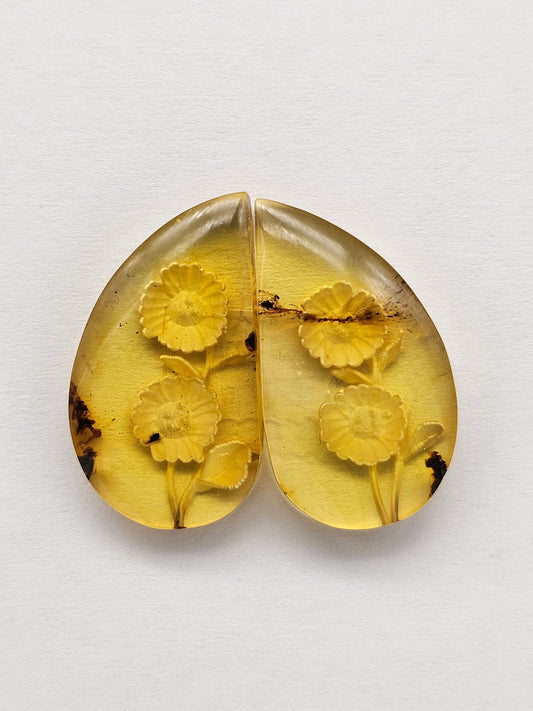 Amber Intaglio Cabochon Pair | Hand-Carved Natural Amber