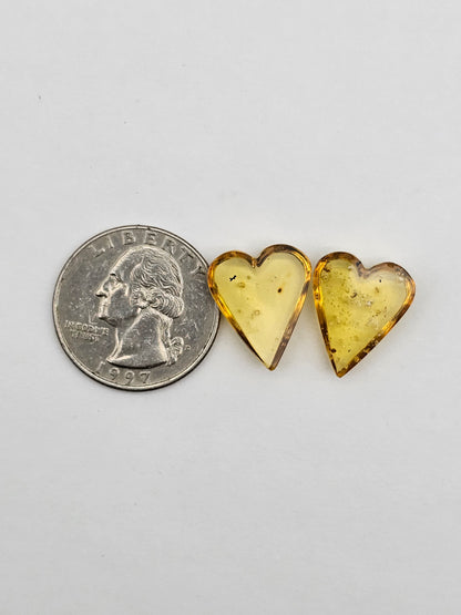 Amber authentic heart cabochon pair large