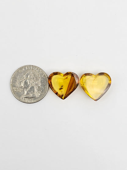 Amber Heart Cabochon Pair