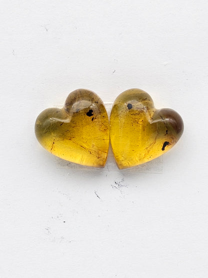 Amber authentic heart cabochon pair large