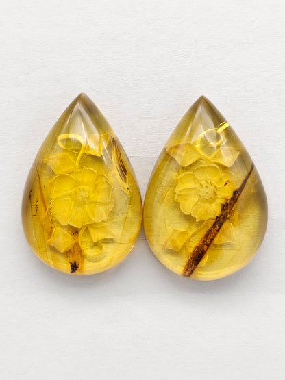 Amber Intaglio Cabochon Pair | Hand-Carved Natural Amber
