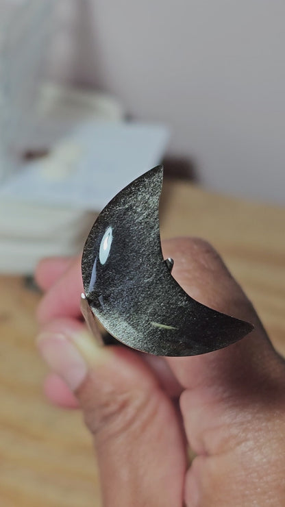 Silver Sheen Obsidian Moon Cabochon | Natural Mexican Obsidian for Metalsmiths